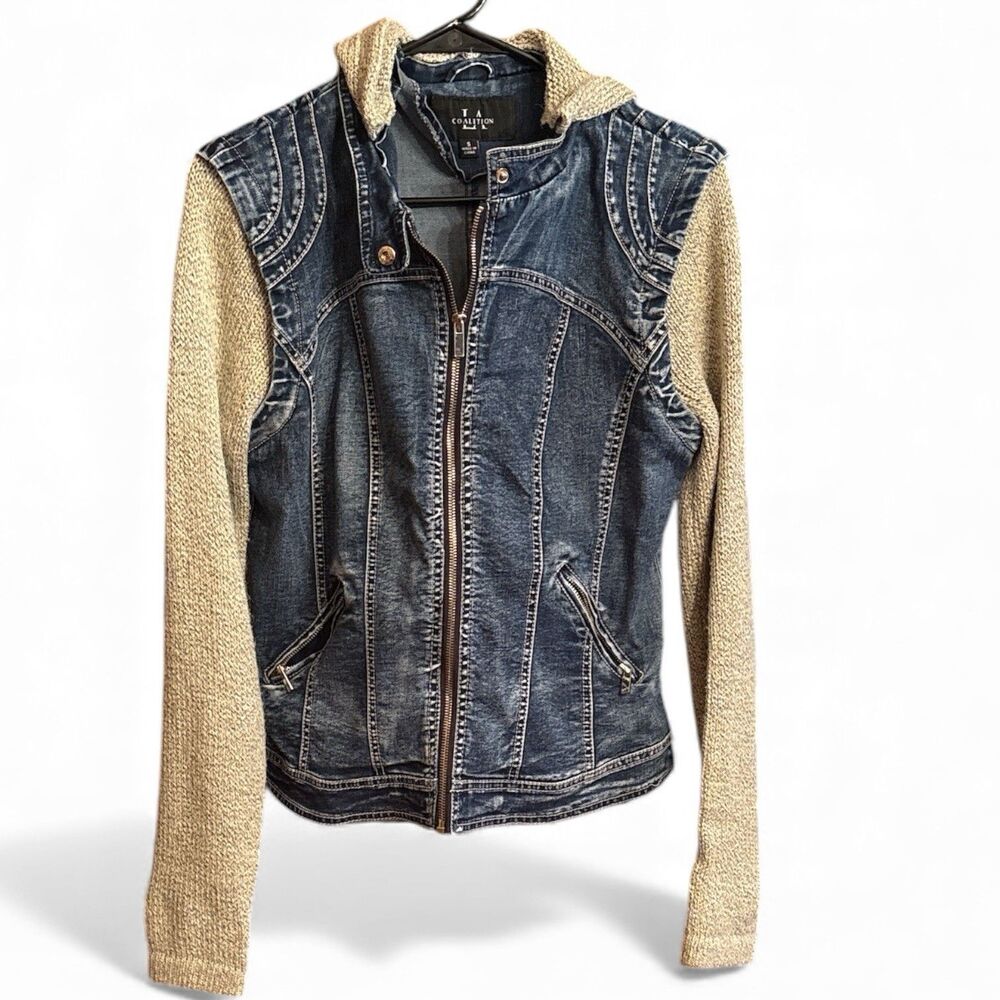LA Coalition Women’s Jacket Denim & Knit Hooded Long Sleeve Full Zip Size Small